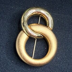 Monet Gold Tone Double Ring Interlocking Brooch Pin Statement Jewelry